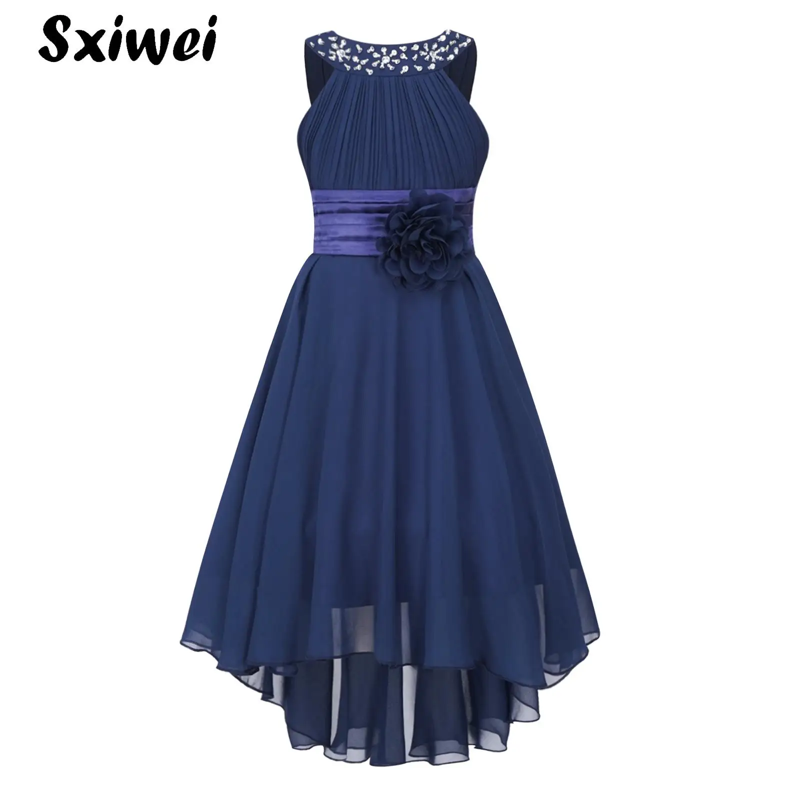 

Flower Girls Formal Dress Kids Princess Junior Bridesmaid Wedding Party Costume High Low Ruched Chiffon Elegant Ball Gowns