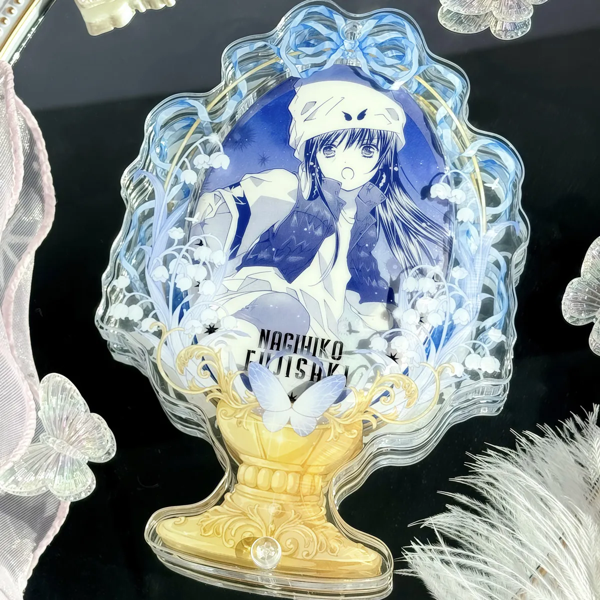 Elegant Lily‑of‑the‑Valley & Butterfly Themed Acrylic Shaker Badge Brick, Layered Decorative Case Frame Oshtu Stand for Pins