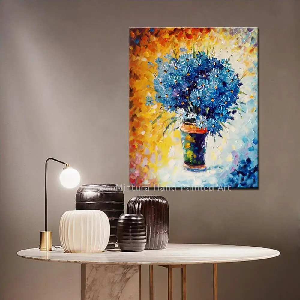 

Mintura,Artwork Large 100% Handpainted Blue Chrysanthemum Flower Oil Paintings Canvas,Wall Art,Picture Office Dinning Home Decor