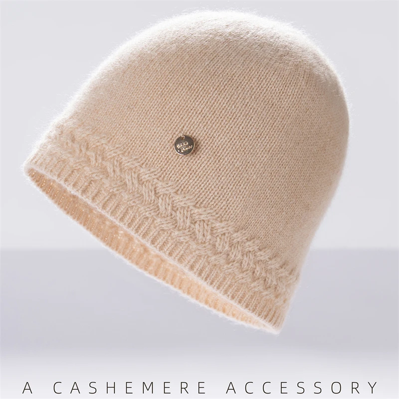 Women's Quality Cashmere Knitted Basin Hat Versatile Fashion Warm Toe Cap Simple Style Metal Label Soft Hat for All Seasons