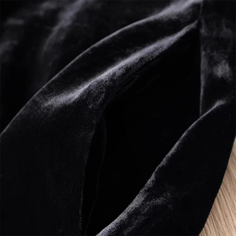 100% Mulberry Silk Lining Women Silk Velvet Dress  Baby Doll Solid Color Black A-line Midi Dress Office Lady M1194