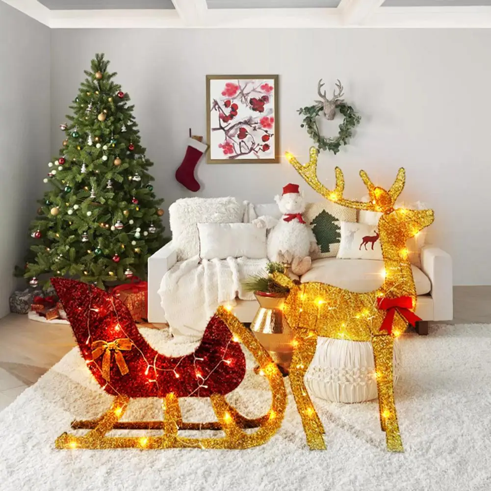 Christmas Reindeer Sleigh Ornament Light Up Reindeer Yard Decoration Metal Frame Reindeer And Sleigh for Outdoor Seasonal Decor