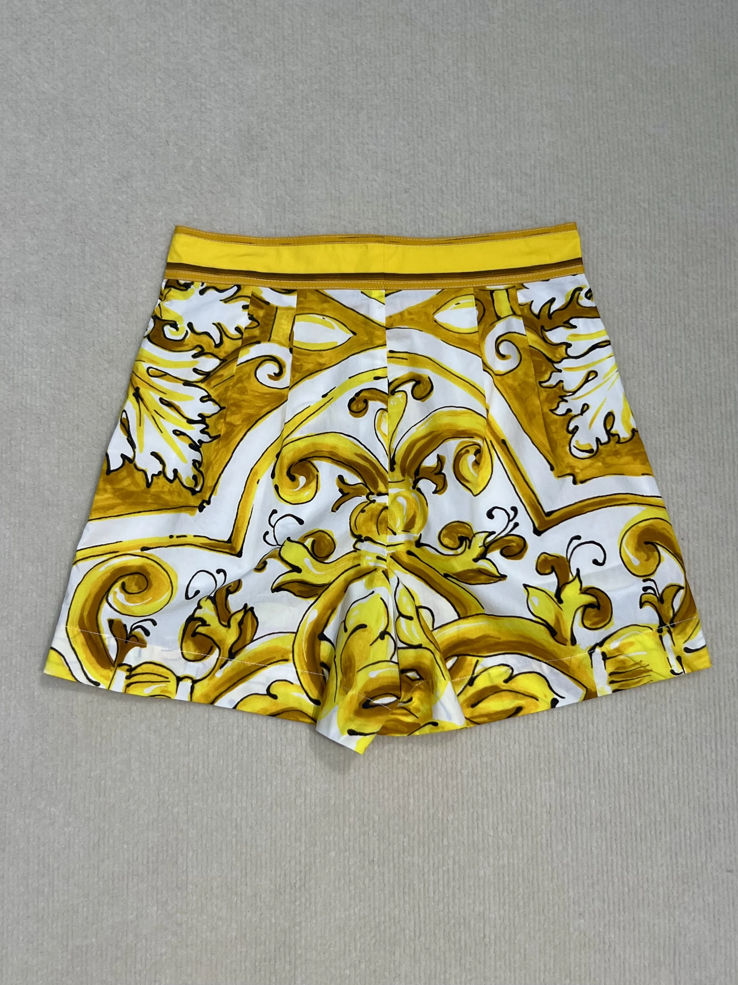 Women\'s Yellow Porcelain Print Shorts, 100% Cotton, Bohemian, Summer, 2024