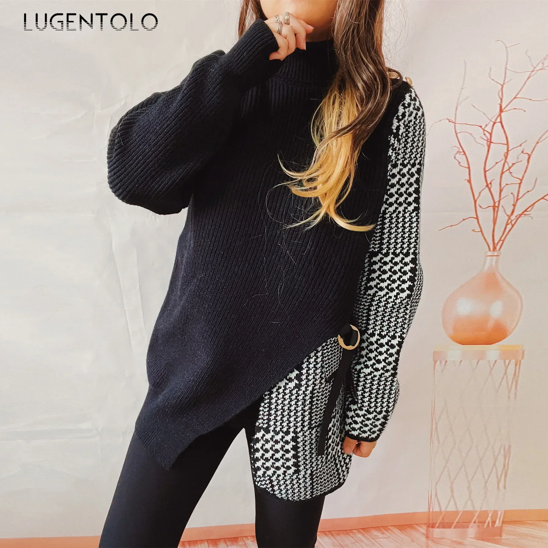 

Women Houndstooth Knit Sweaters Vintage Irregular Black White Patchwork Elegant Autumn Winter Lady New Pullover Cloth Lugentolo