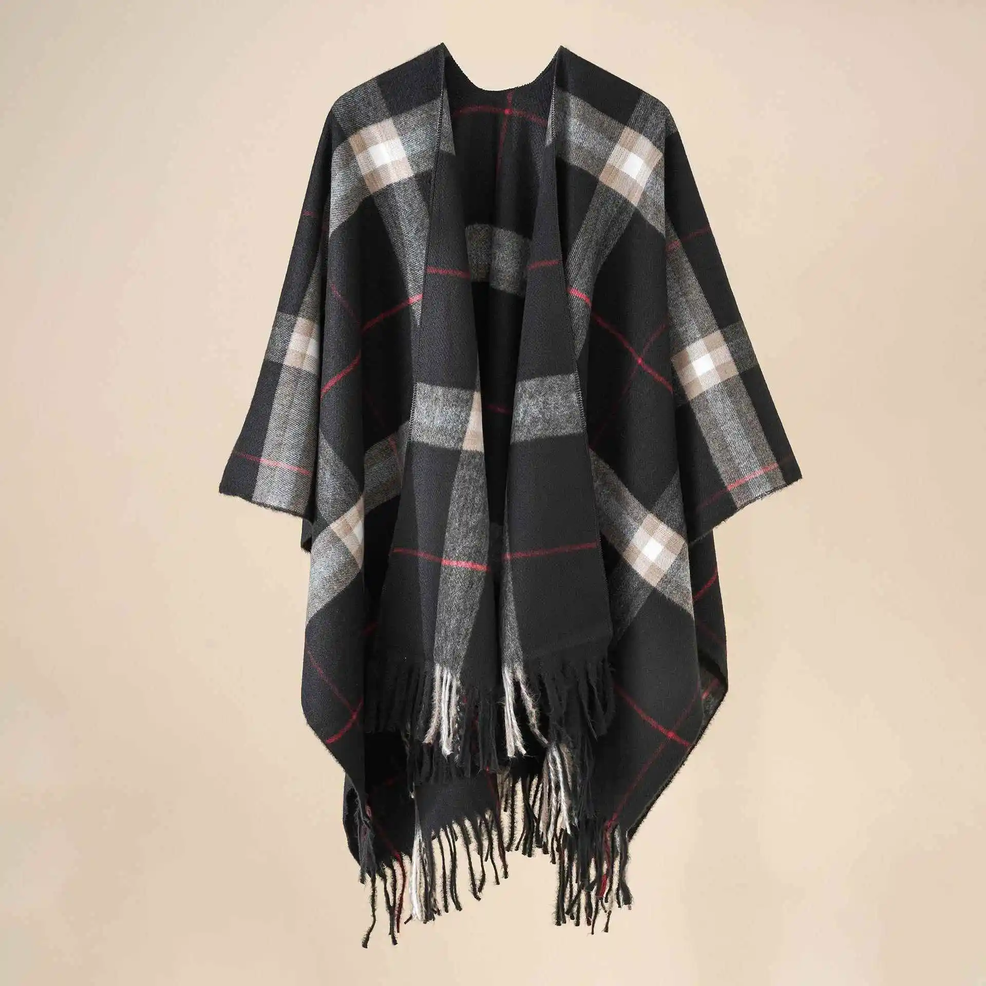 2024 Winter Autumn and Winter 2024 New Gradient Plaid Fashion Shawl Women Outdoor Poncho Blanket Warm Tassel