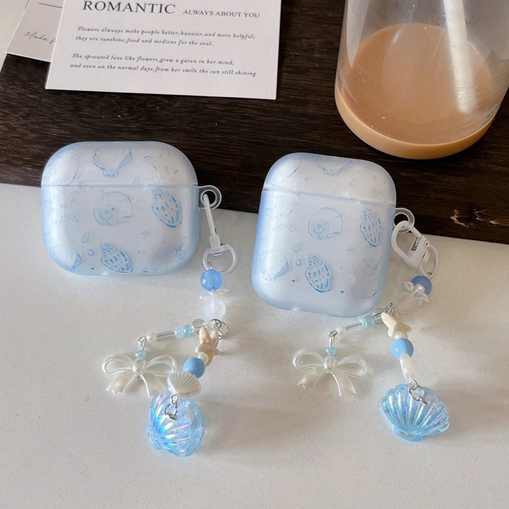 Exquisite Ice Blue Shell Conch Starfish 3D Bows Shells Pendant Matte Earphone Protect Cover Case AirPods 2 3 4 5 Pro Pro2 Pro3