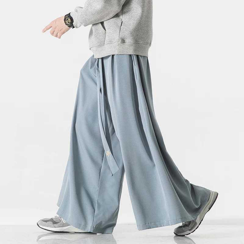 

2023 Spring Summer Chinese Style Embroidered Broad Leg Pants Men Cotton Linen Wide Leg Pants Streetwear Tai Chi Kung Fu Trousers