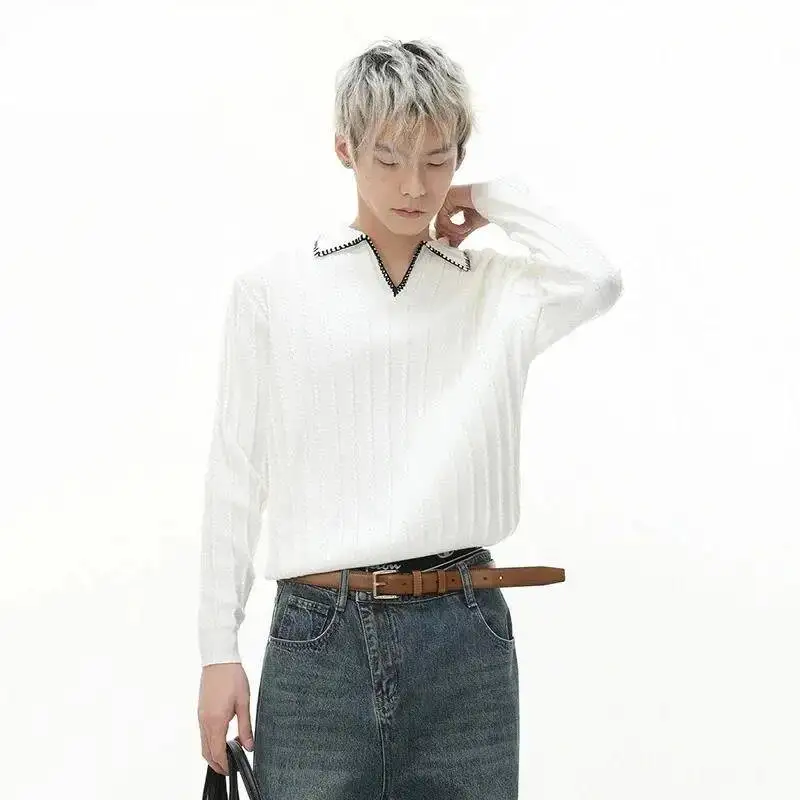 Korean Style Men's Tees Turn-down Collar Casual Contrast Color Knitting T-shirts Long Sleeved Loose Pullover Male Top 9SRPI