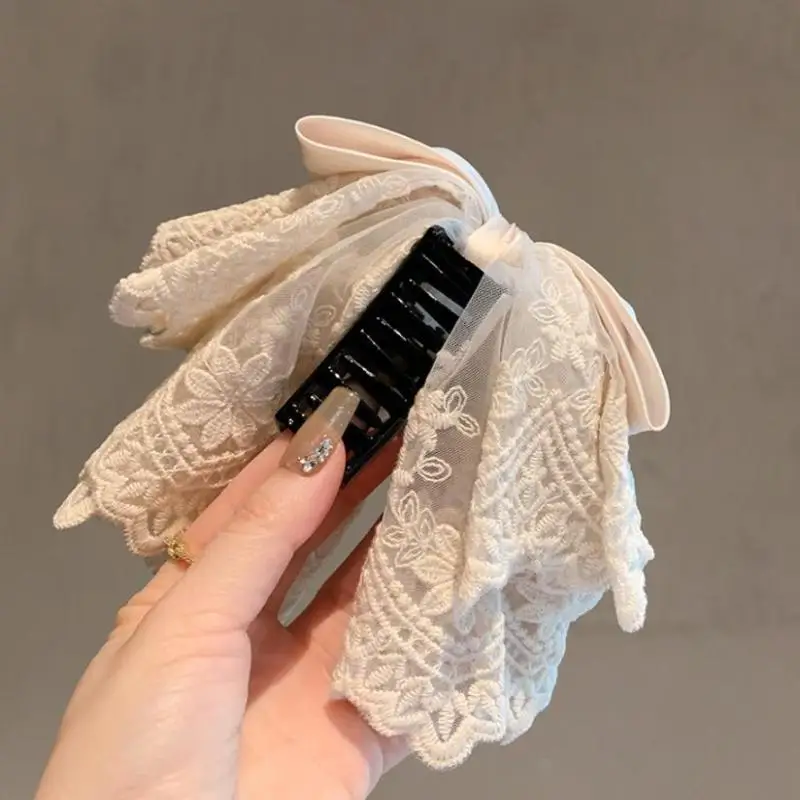 French Elegant Ballet Style Lace Satin Bow Ponytail Hair Clip, Gentle And Sweet Shark Clip Hair Ornament On The Back Of Head