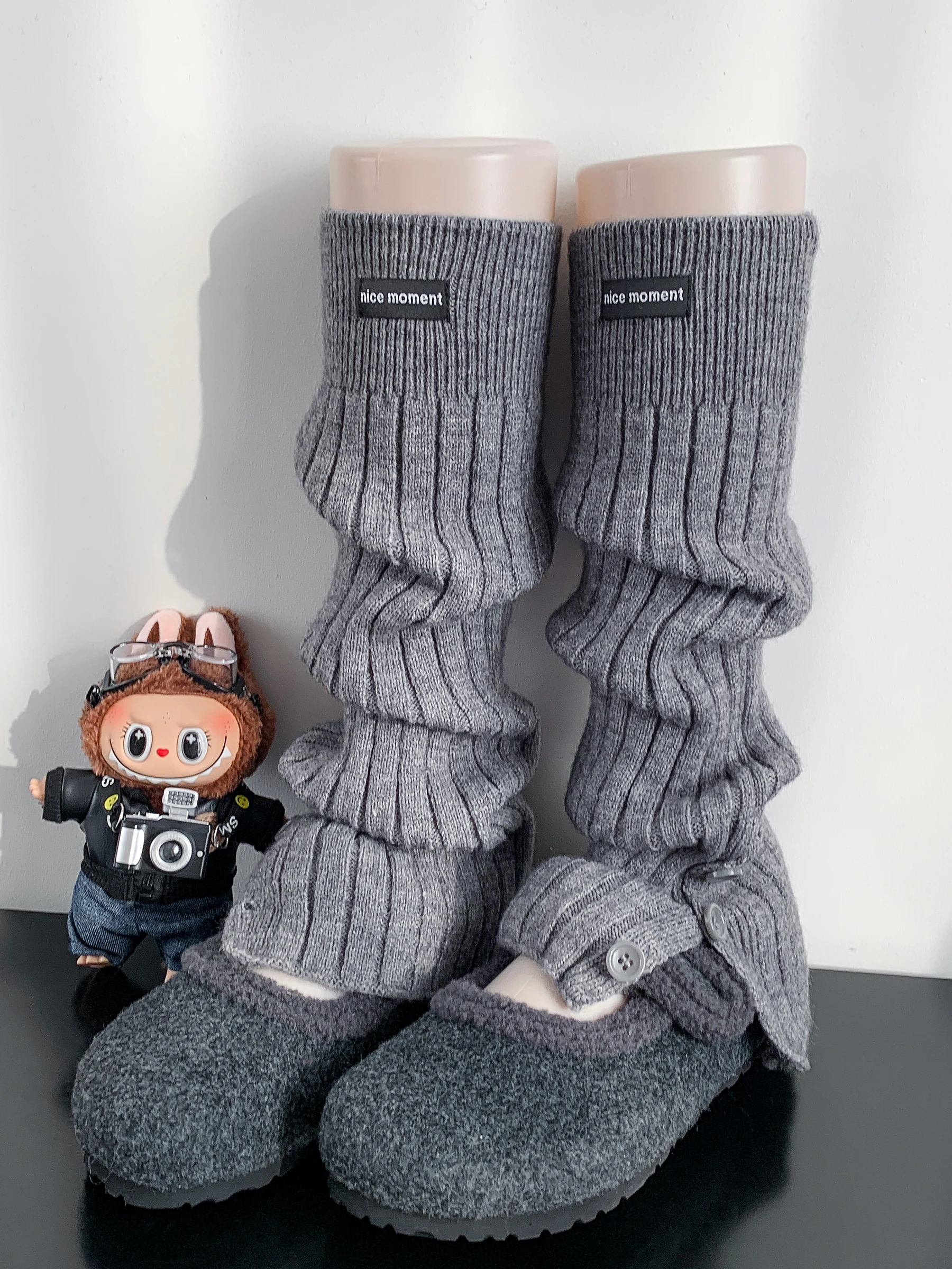 Ay Thiened Warm Miu Series So Fundas para mujer Otoño Invierno Faionable All-Match Sos a media pantorrilla con aberturas y etiquetas