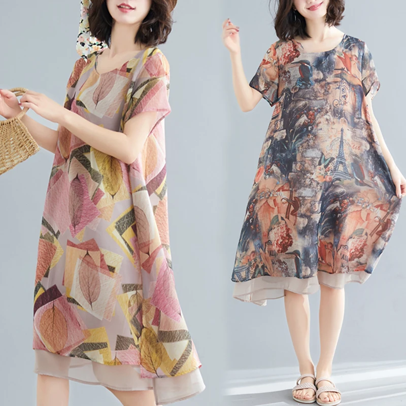 여름 신상 루즈핏 가벼운 실크 쉬폰 여성용 미디 A라인 스커트 플로럴 프린트 수채화 스타일 출퇴근용