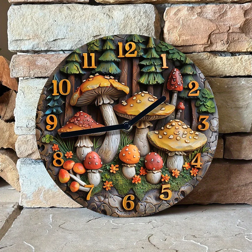 Forest Mushrooms Theme Silent Wall Clock DIY Kit with Dial, High-Definition 2D Print, Includes Movement Mechanism-Artistic