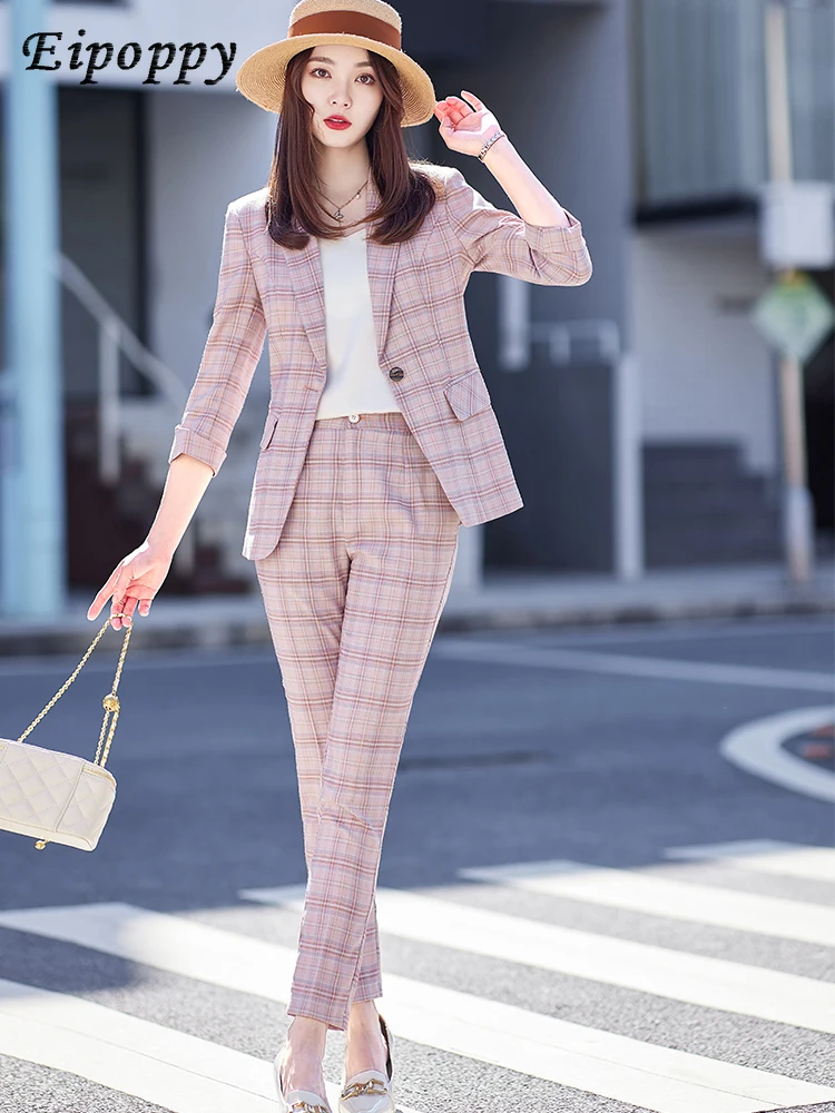 Büro Dame Sommer Business Arbeit tragen Hosenanzug Frauen rosa blau Aprikose Plaid Halbarm Blazer und Hose formale 2 Stück Set