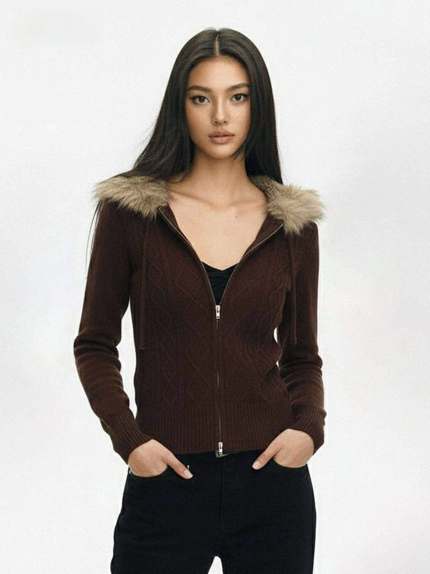 

WAEW Brown Wheat Fiber Mermaid Knitwear Zipper Hooded Jaet Fake Fur Collar Spring Autumn Winter Women's Faion Slim Fit