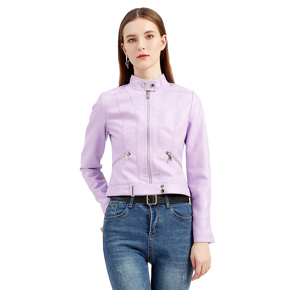 Modna krótka kurtka skórzana ze stójką, zapinana na zamek, damska kurtka ze skóry PU, urocza, elegancka, wiosna 2023, bez marki, niezarejestrowana.