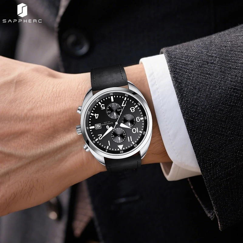 SAPPHERO Business Men's Watch Comfortable Leather Strap Water Resistant Watch with Illuminated Hands Chronograph Watch For Men