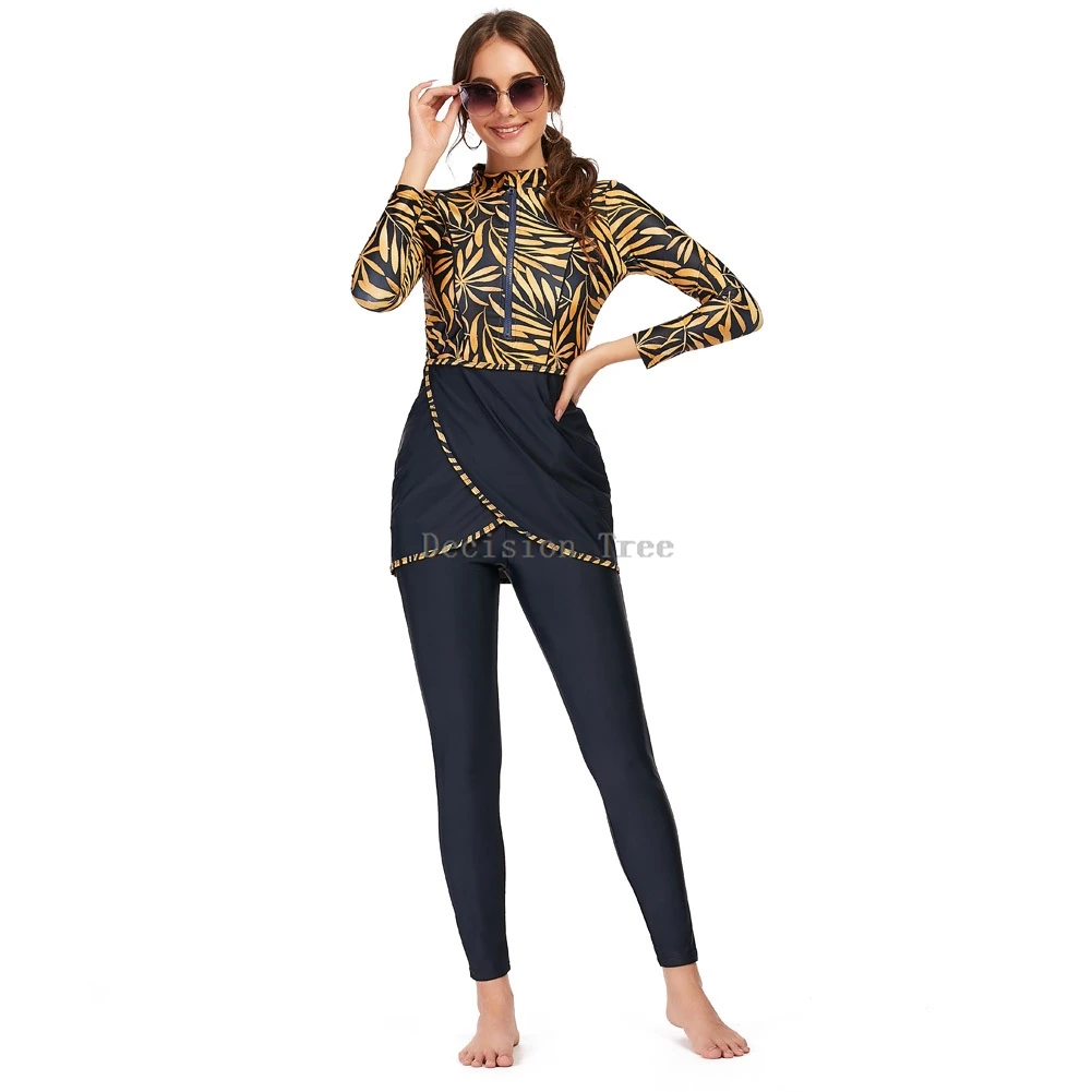 

2024 diving surfing muslim swimsuit fashionable long sleeved long pants three piece set sun protection conservative swimming set