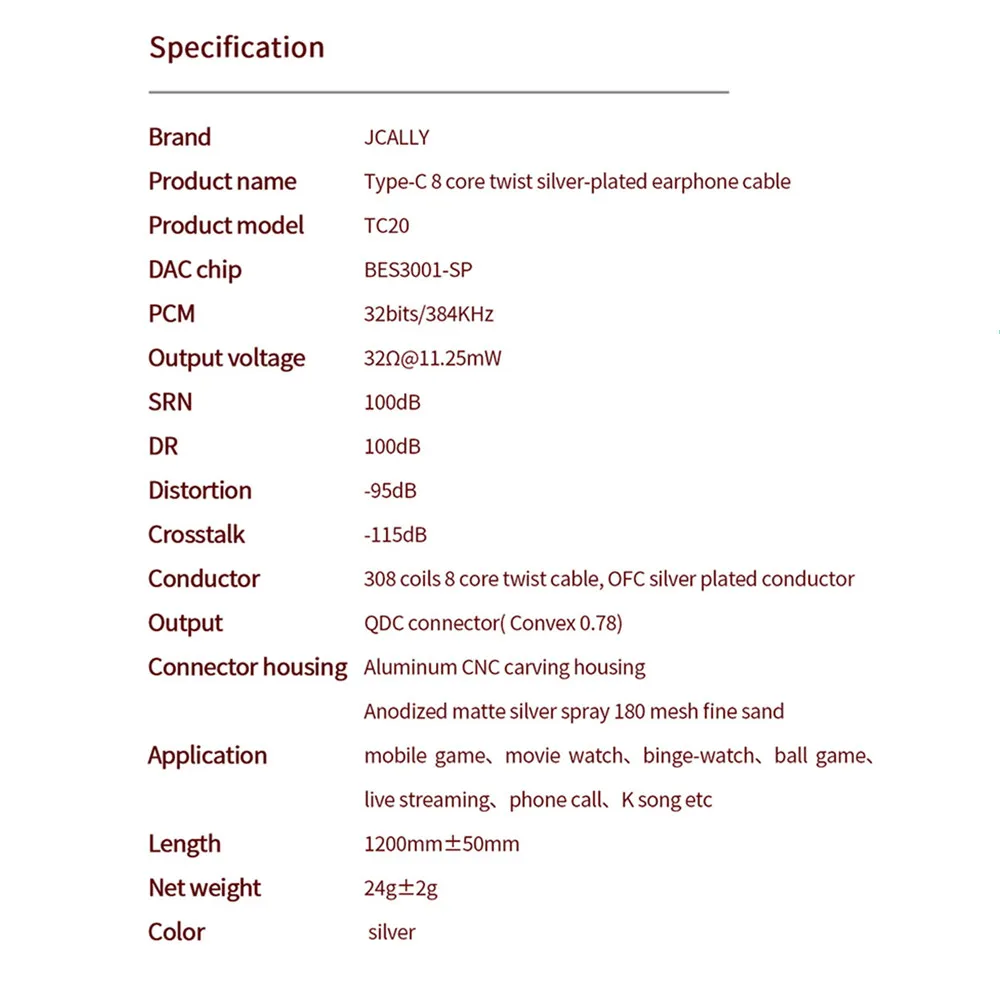 JCALLY-OFC نوع C الراقية مكبر للصوت سماعة ترقية كابل ، TC20 ، الفضة مطلي ، BES3001SP ، QDC دبوس مع هيئة التصنيع العسكري ل ZAT ، PR2 ، CN1