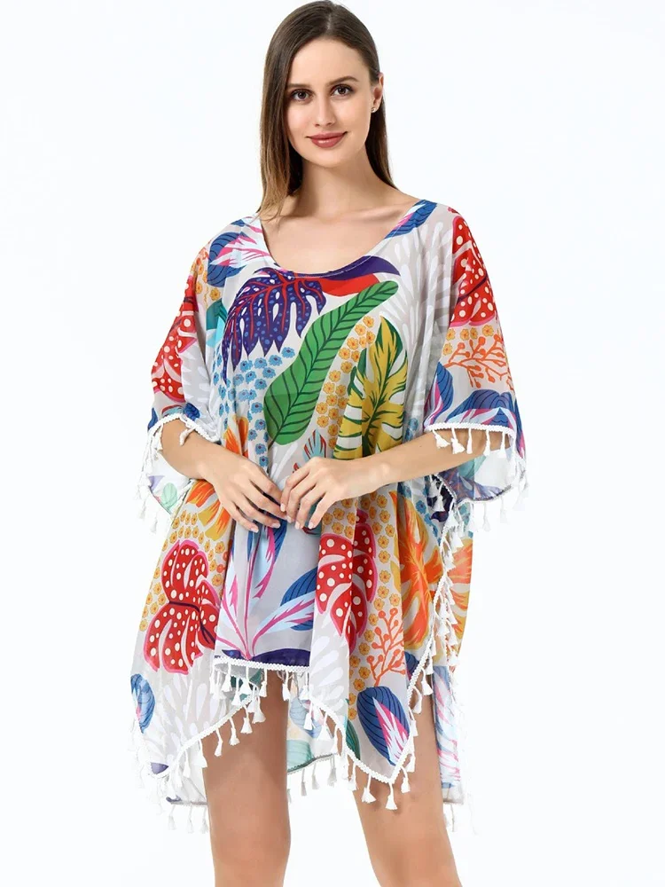 2025 nuevo Bikini Cover-Ups mujer playa cubrir Chic impreso borla de talla grande playa 2025 moda de verano mujer vacaciones ropa de playa