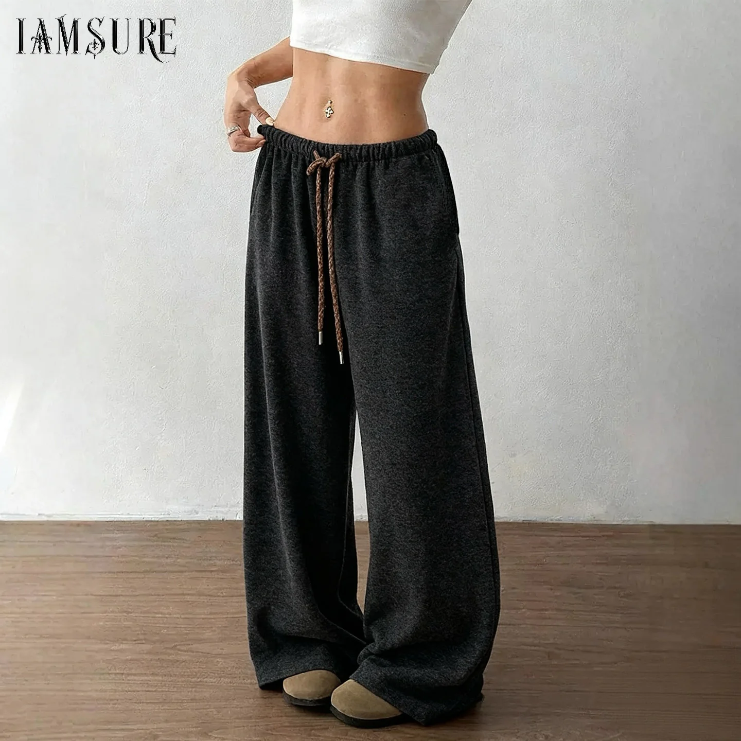 

Casual Dark Grey Drawstring Knitted Sweatpants Women Straight Leg Full Length Loose Trousers Fashion Streetwear Bottoms 2026 New