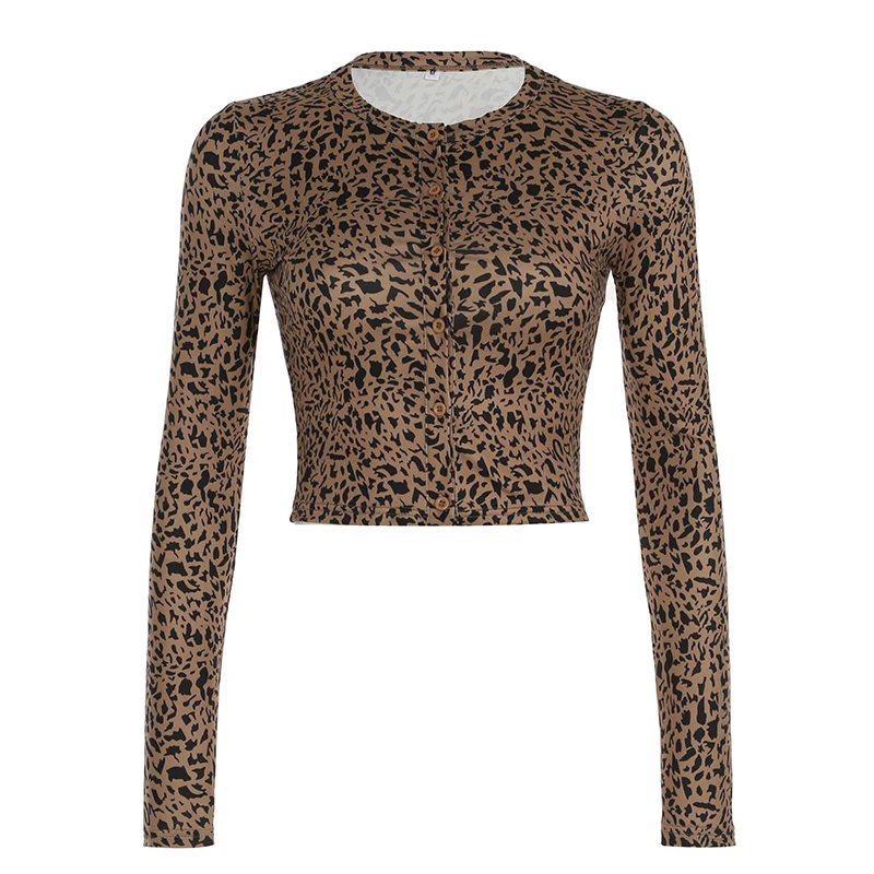 BIIKPIIK Sexy Leopard Button-up Tops Fashion Club Full Sleeve Crop Tops Autumn Printed Cardigan Stylish Slim Fit Women T-shirts