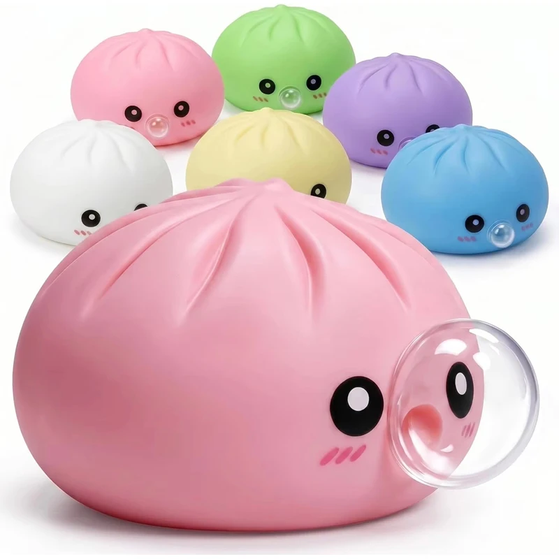 Steamed Bun Squishies Blow Bubbles Toy Steamed Bun Squishies Set with Steamer Bubble-Blowing Squishies Stretchy Fidget Sensory