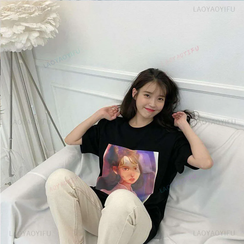 IU Eight Anime Style Cartoon Graphic Unisex T-Shirt Kpop Idol Vintage Oversized Streetwear Loose Fit Tee