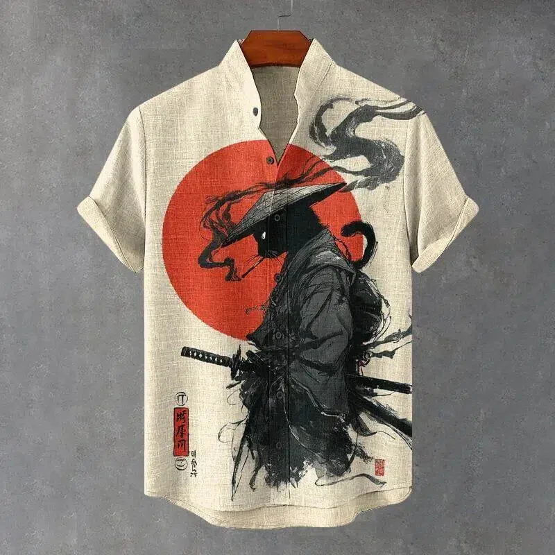 

Men's fashionable black cat warrior Japanese ninja high-definition pattern printed short-sleeved button shirt