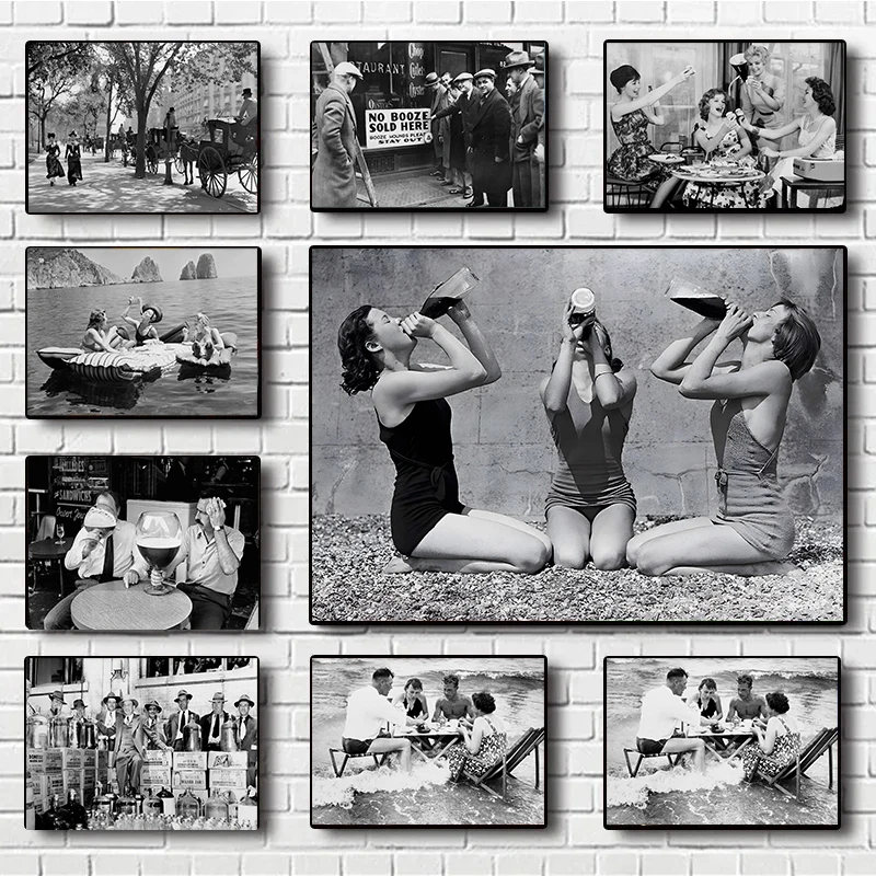 Funny Black and White Poster Tea Party in Surf Cabaret Dancers Canvas Painting Old Photo Wall Art Picture Living Room Home De