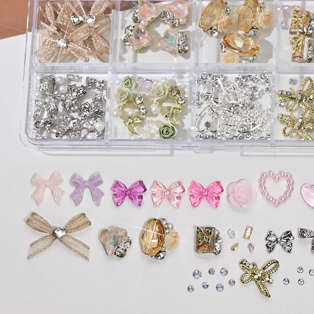 

12Grids Mixed Heart & Flower Nail Decoration Set 3D Sweet Pink Bow Nail Art Charms for Acrylic Kawaii Manicure DIY Nail Design *