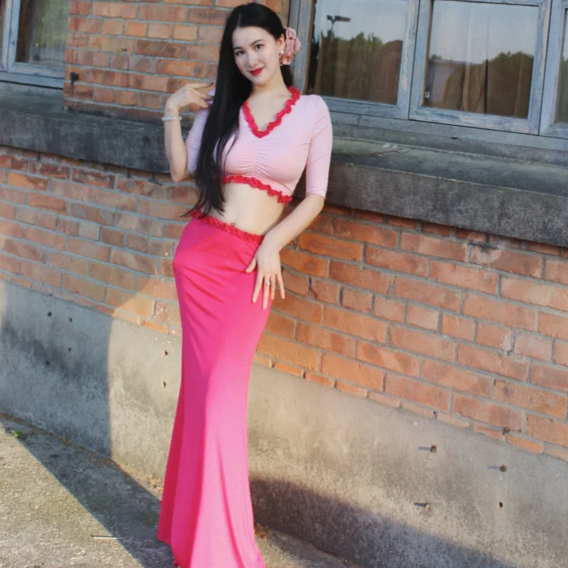 

belly dance clothes suit for women V-neck half sleeved top and sexy fishtail long skirt set for adult performance costumes