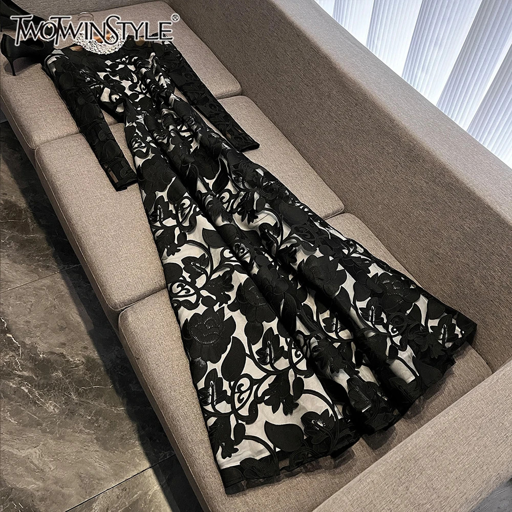 TWOTWINSTYLE Temperament Draped Solid Dinner Dresses For Women Round Neck Long Sleeve High Waist Elegant Dress Female KDR542690