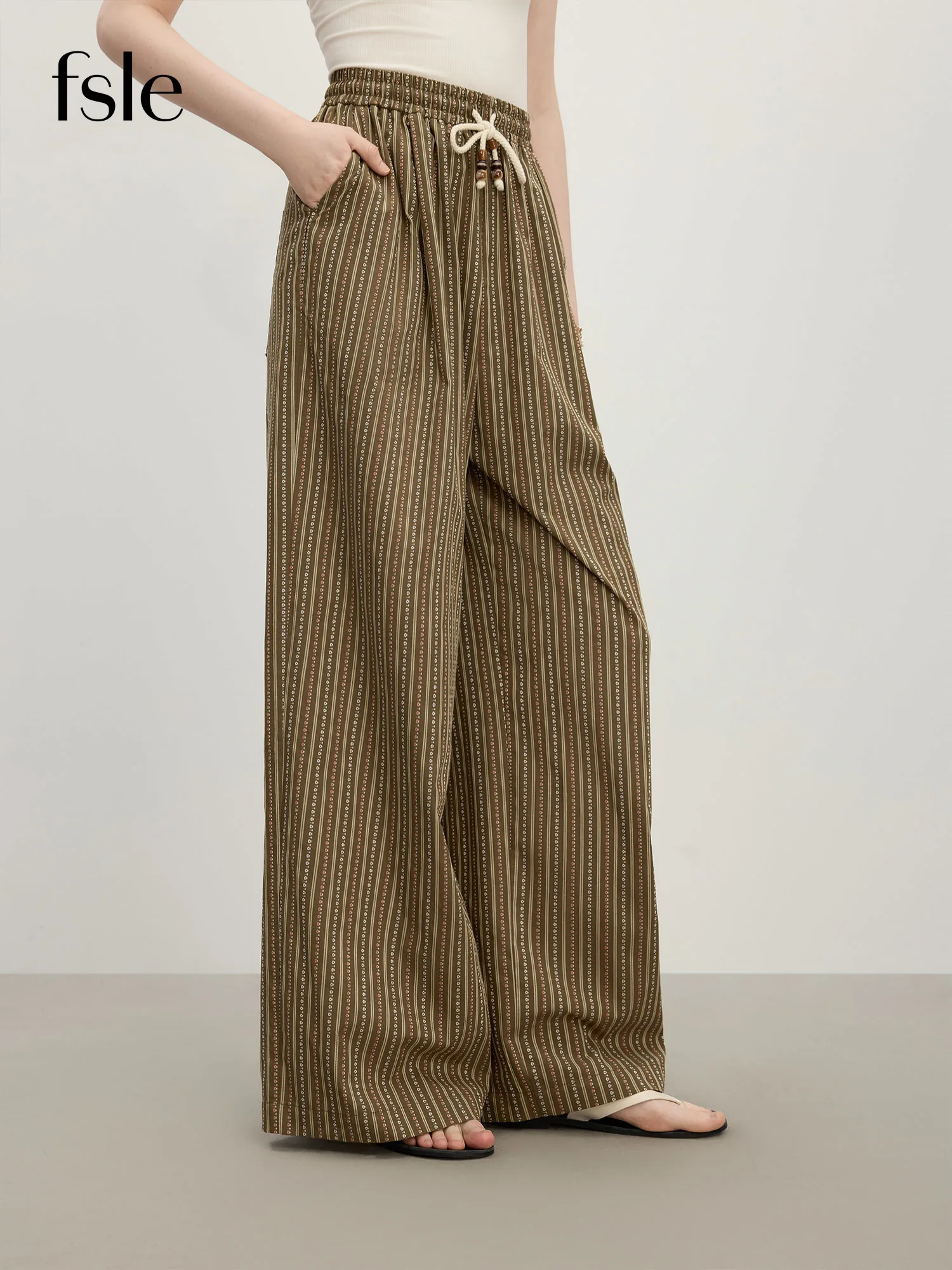 FSLE 2025 Summer Women's Relaxed-Fit Wide-Leg Trousers - Subtle Stripes & Airy Viscose Blend for Effortless Leisure