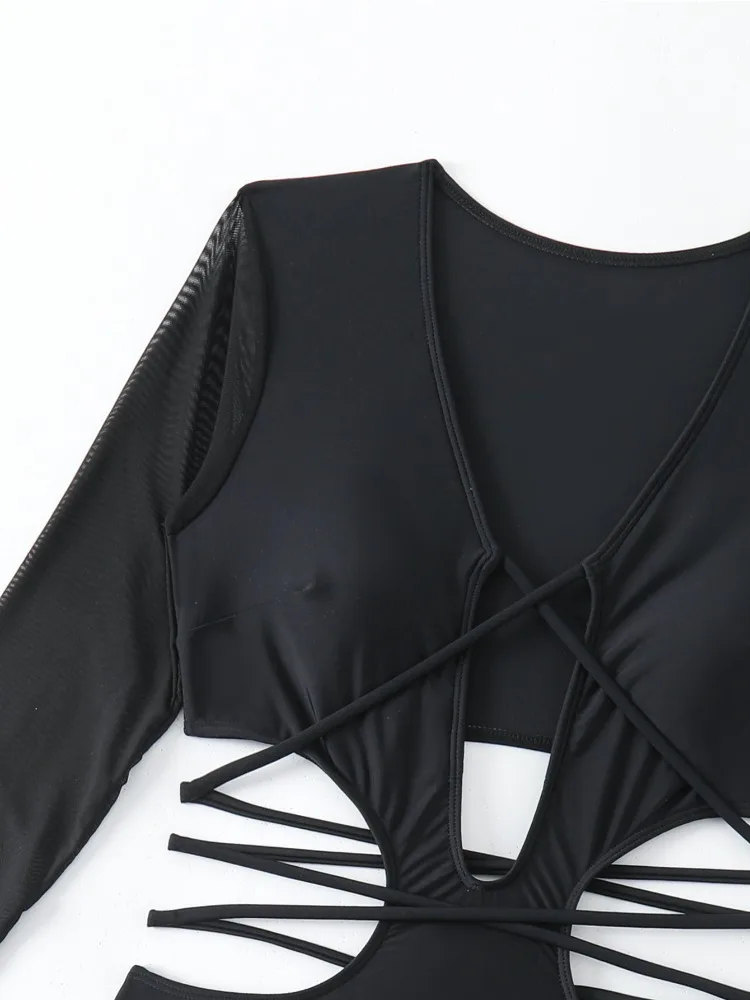 ผู้หญิง One Piece ชุดว่ายน้ําแขนยาวตัดรอบ High Cut บิกินี่ชุดว่ายน้ํา Beachwear traje de baño de mujer