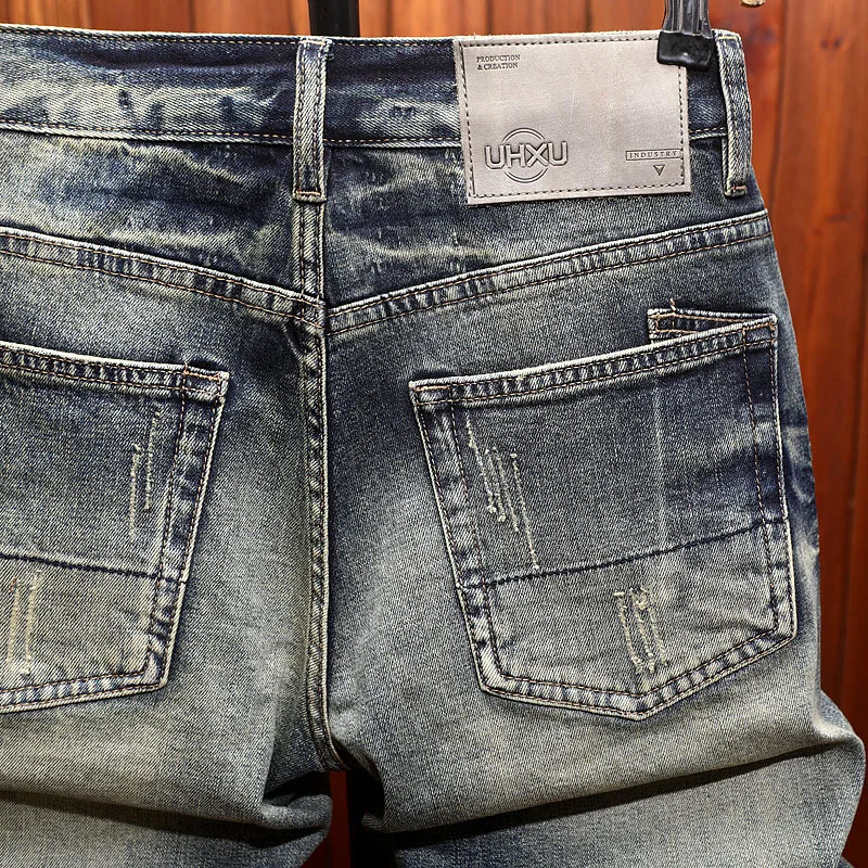 Trendy brand high-end denim shorts men's summer retro nostalgic blue stretch trendy street denim five quarter pants