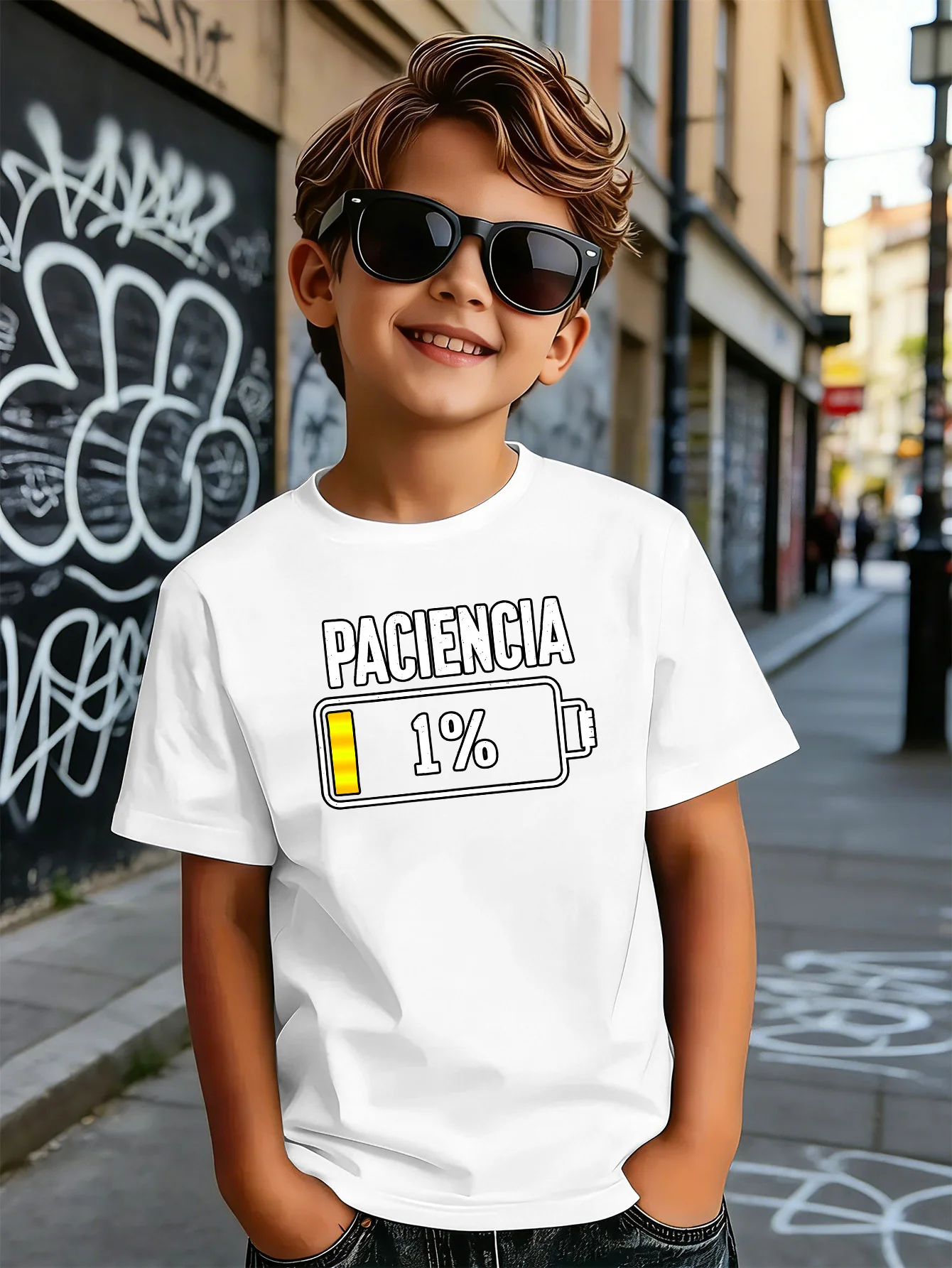 Paciencia 1% Battery Letter Print Kids T Shirt Boys Girls Parent Child Matching Soft Cotton Casual Short Sleeve Basic Daily Tees