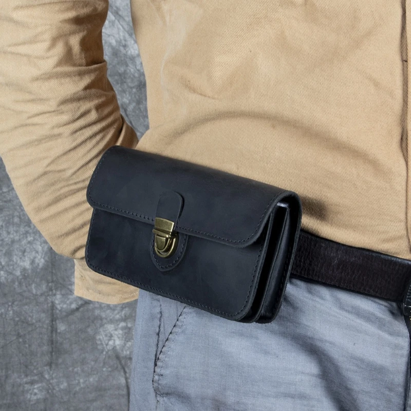 Top‑Layer Cowhide Genuine Leather Men Belt‑Mounted Waist Bag Metal Lock Clasp Flap‑Cover Pouch Outdoor Multi‑Purpose Storage Bag