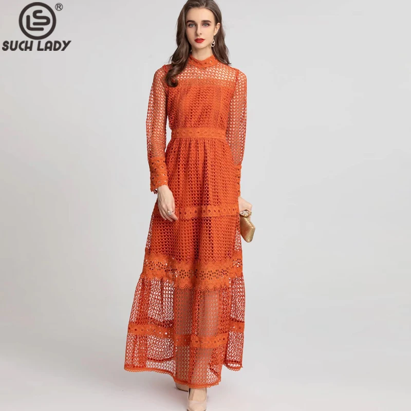 

Women's Runway Dresses Stand Collar Long Sleeves Hollow Out Fashion Casual Maxi Party Prom Gown