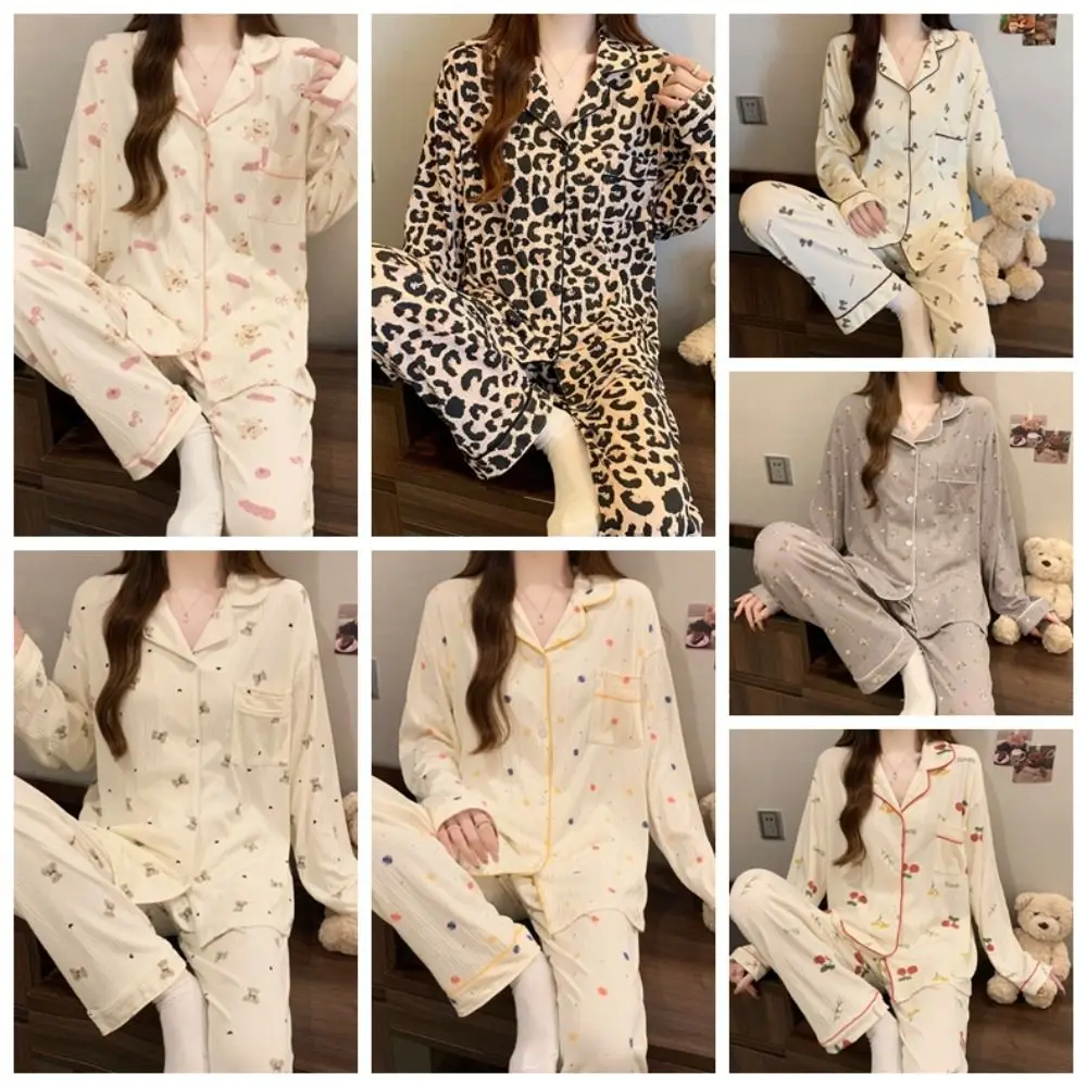 Süßes Leoparden-Pyjama-Set mit Schleife und Bärchen, Damen-Loungewear mit Kirsch- und Blumenmuster, Nachtwäsche-Anzug für Damen – Detail 1
