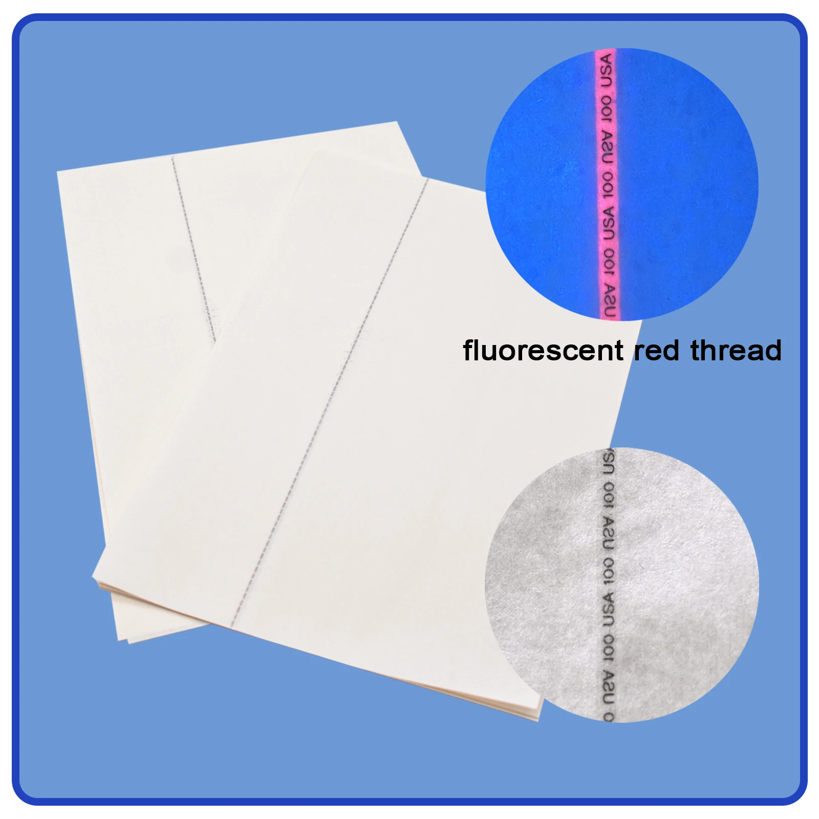 Papel de seguridad impermeable blanco sin almidones A4 de algodón y lino de 90Gsm para imprimir certificado de hilo UV de 100 EE. UU.