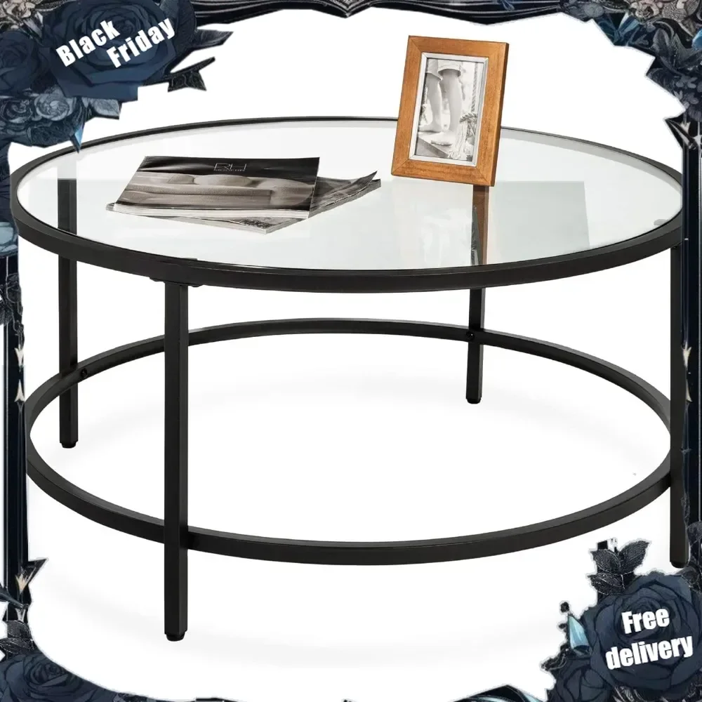 

36in Modern Round Tempered Glass Accent Side Coffee Table for Living Room, Dining Room, Tea, Home Décor w/Metal Frame