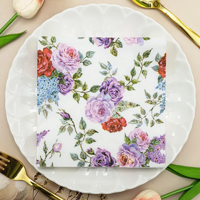 20pcs/bag Printed Napkin Coloured Paper Napkins Hotel Western Restaurant Table Wedding Party Decoration Wine Glass Flower Papers
