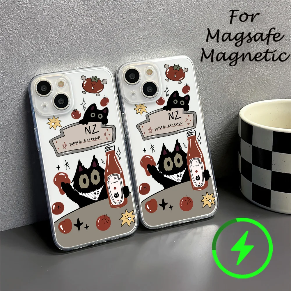 Cartoon tomato little black cat Phone Case For IPhone 15 14 13 12 11 Transparent Magnetic Suction Cover