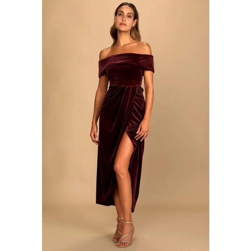 

Luxury Sexy One-shoulder Party Dress Women Velvet Slit Dress Design Wedding Birthday Holiday Evening Gown Summer Long Dresses