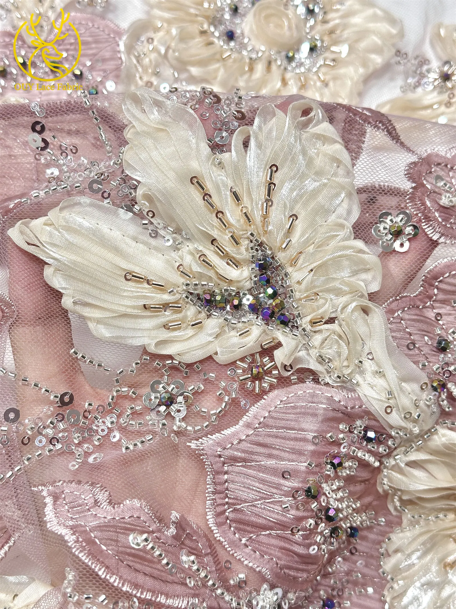 Marineblauer, wunderschöner afrikanischer Spitzenstoff mit Perlen und Pailletten, 3D-Blume, nigerianischer hochwertiger Tüll-Mesh-Spitzenstoff für Ballkleider, 5Y – Detail 10