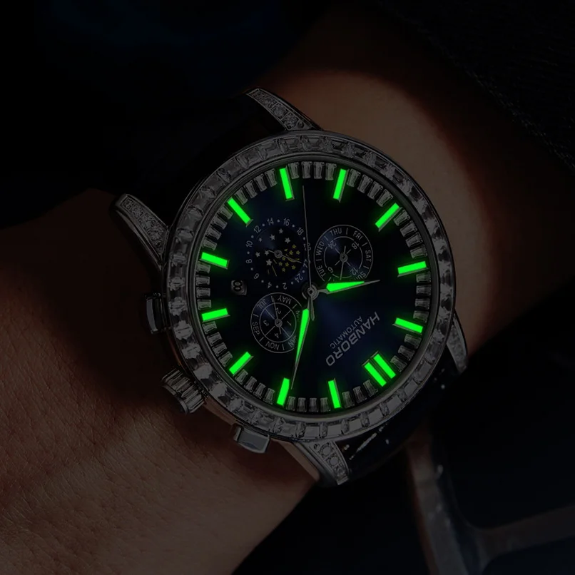 هانبورو ساعة أوتوماتيكية للرجال 43.5 ملم ساعة يد ميكانيكية فاخرة مضيئة ياقوت متعدد الطلب شهر تاريخ الأسبوع 24 ساعة كريستال