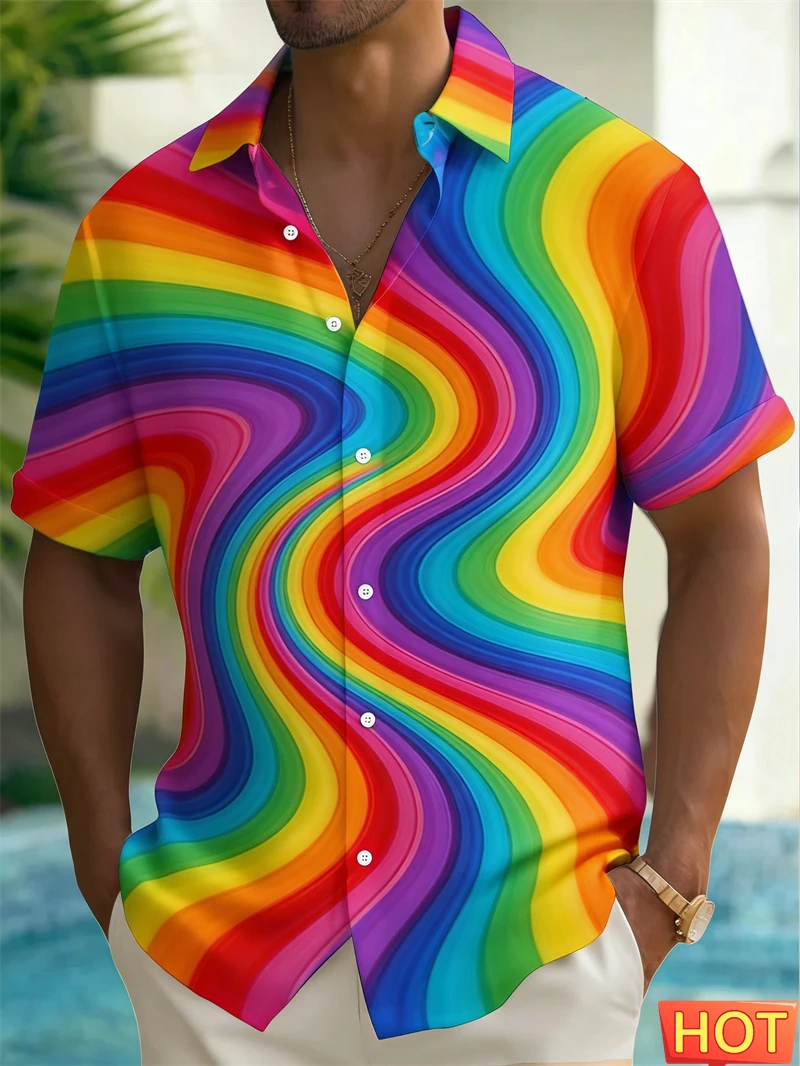 

Rainbow Graphic Men's Hawaiian Shirt 3D Print Casual Short Sleeve Button Down Summer New Men Women Harajuku Colorful Shirt Tops