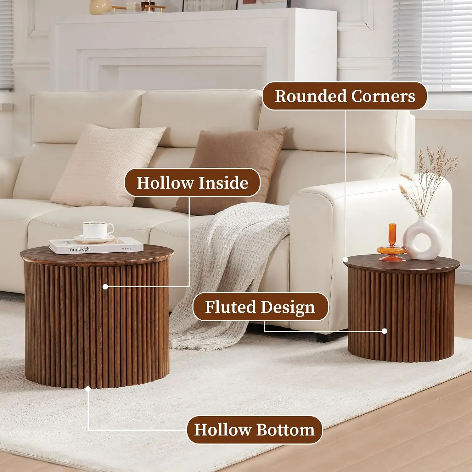 Round Nesting Coffee Table Set 2, Fluted Circle Side Table, Mid Century Modern Wood End Table for Living Room, Customized