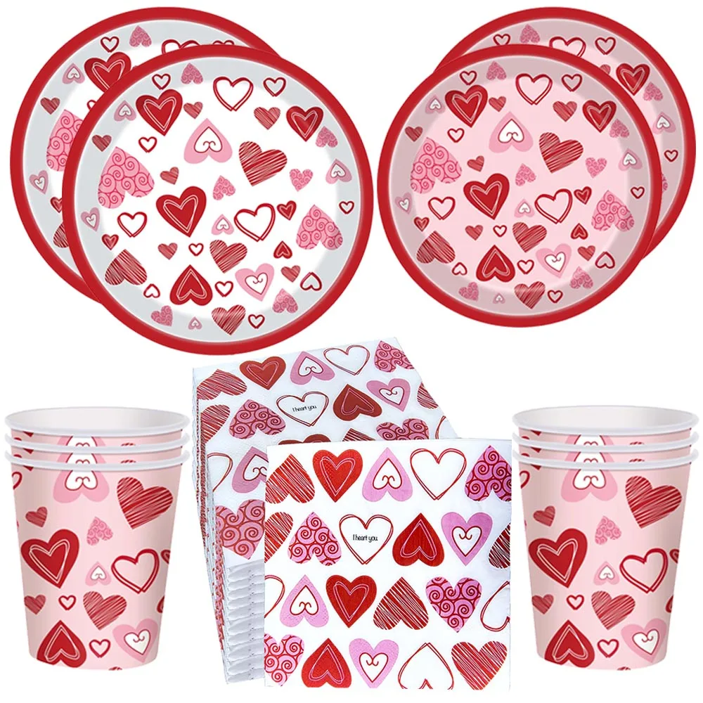 Valentine's Day Disposable Tableware Decorations for Birthday Decorations Red Love Heart Paper Plate Napkins Tablecloth Banner