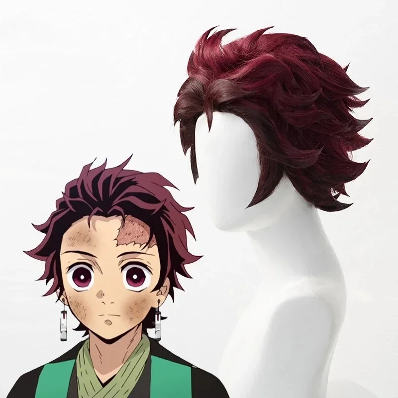 

Anime Demon Moordenaar Kimetsu No Yaiba Tanjiro Kamado Cosplay Korte Kastanjebruine Hittebestendige Haarpruiken
